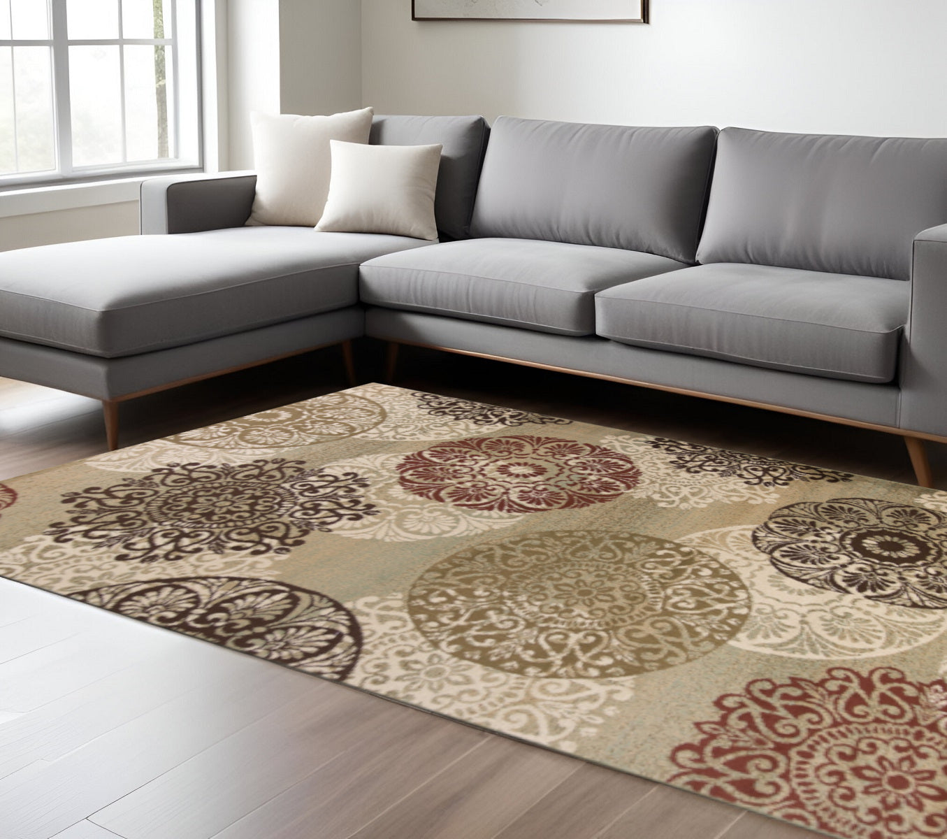 8' X 11' Sage Brown And Ivory Floral Medallion Area Rug