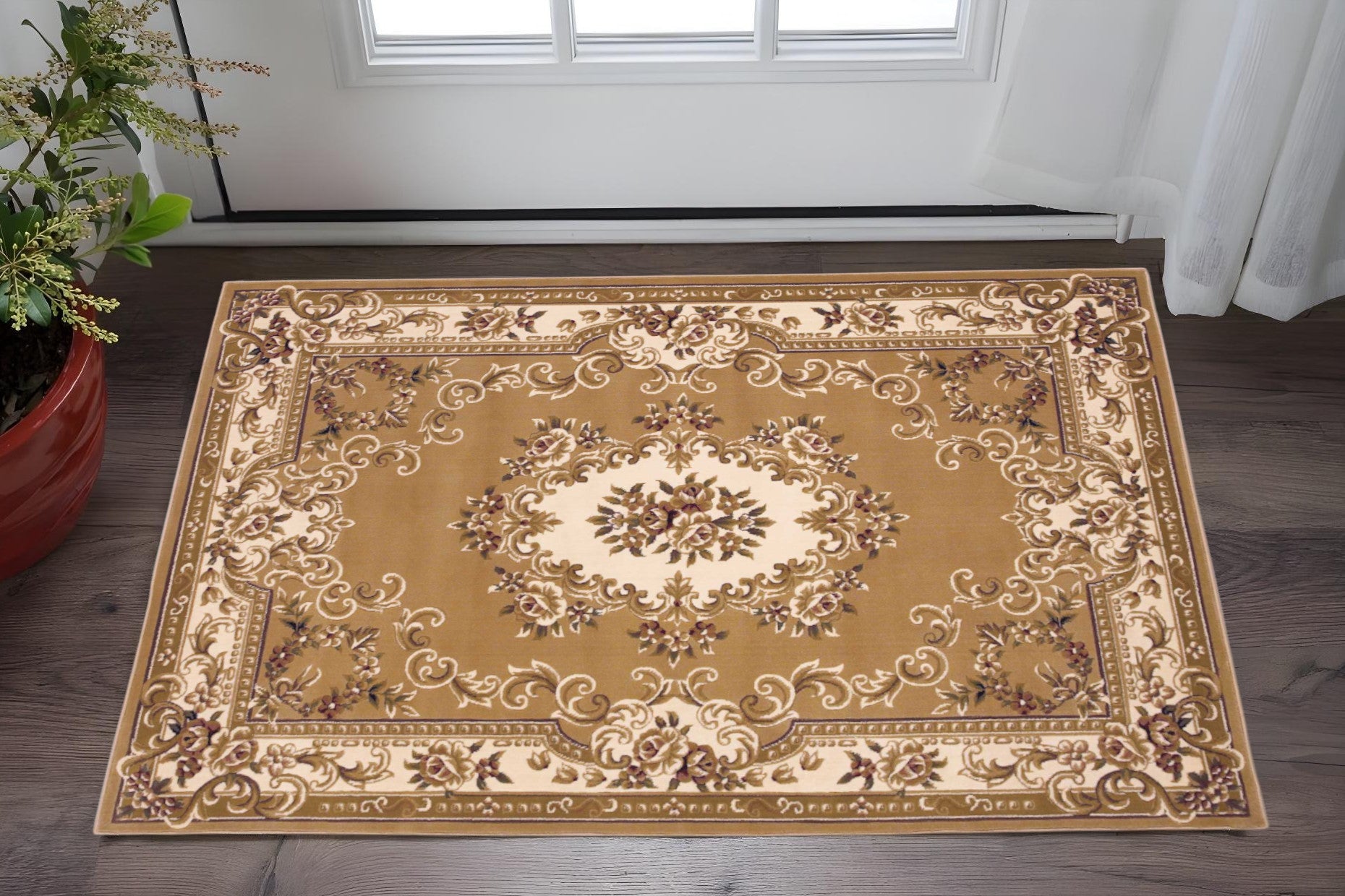 2' X 3' Beige Ivory And Brown Floral Medallion Area Rug