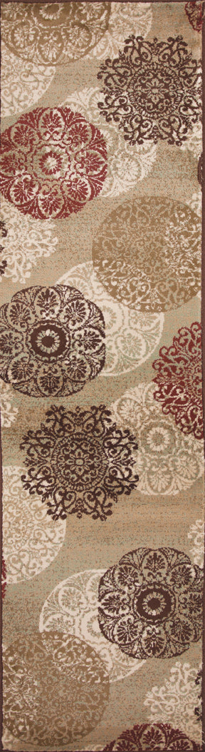 8' Sage Brown And Ivory Floral Medallion Runner Rug