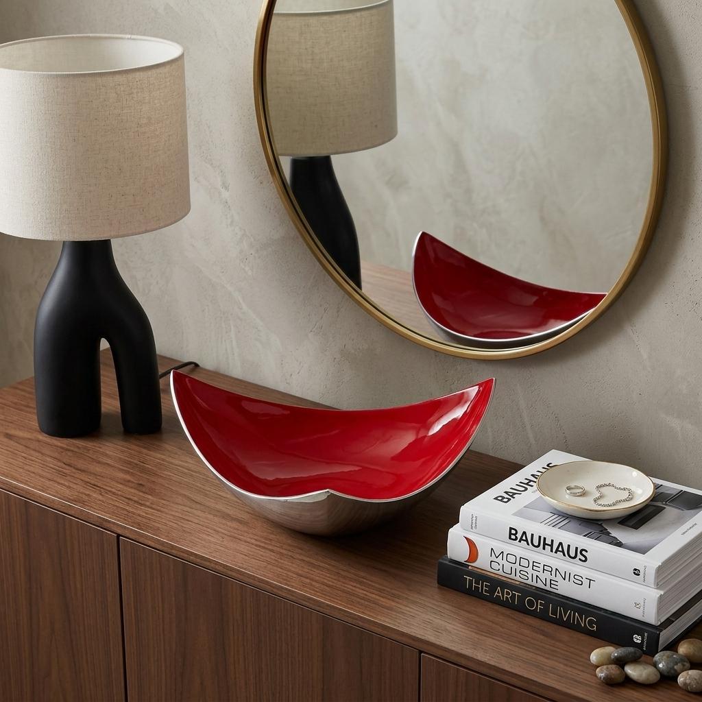 14" Silver And Red Triangular Bowl