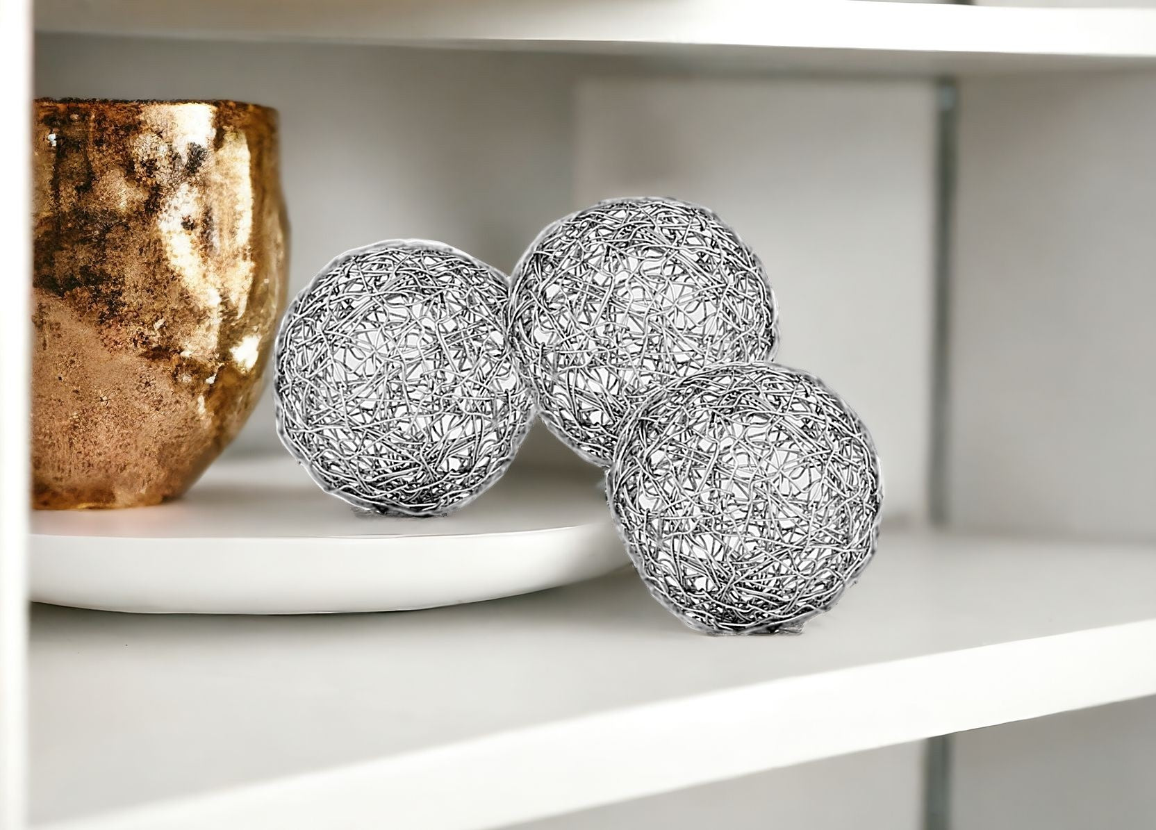 Set of Three Silver Wire 3" Decorative Orbs