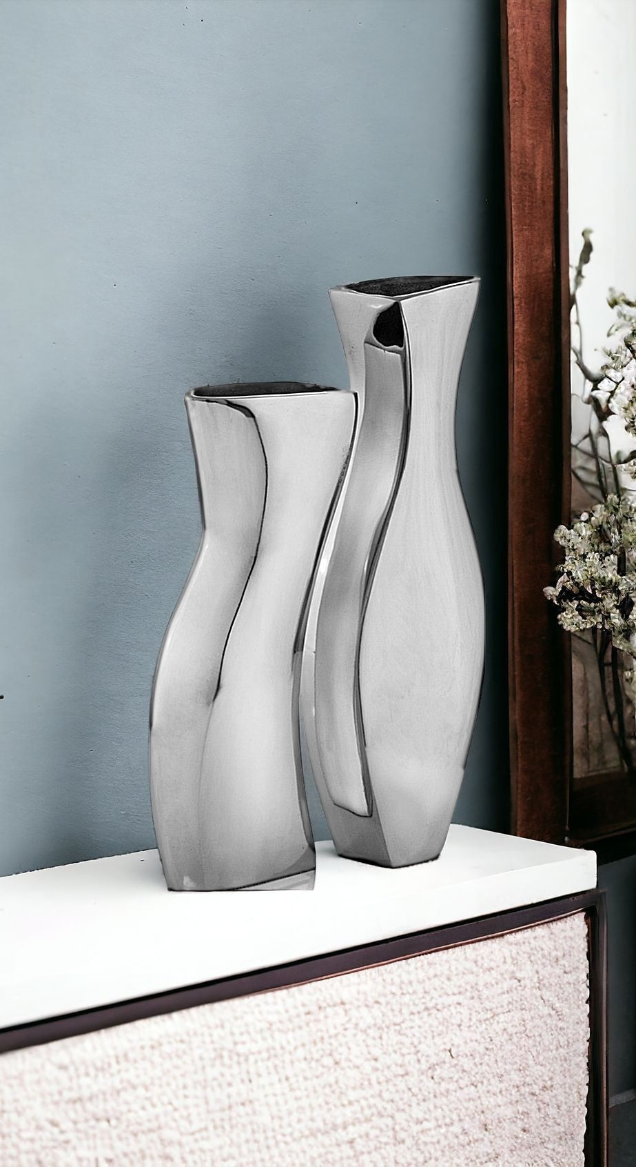 Set of Two Aluminum Silver Novelty Table Vases