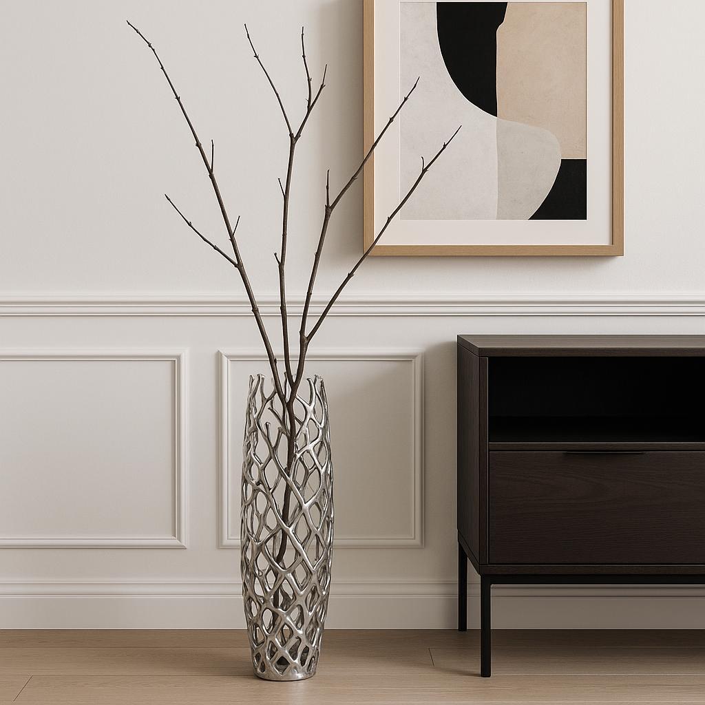 40" Aluminum Silver Twigs Cylinder Floor Vase