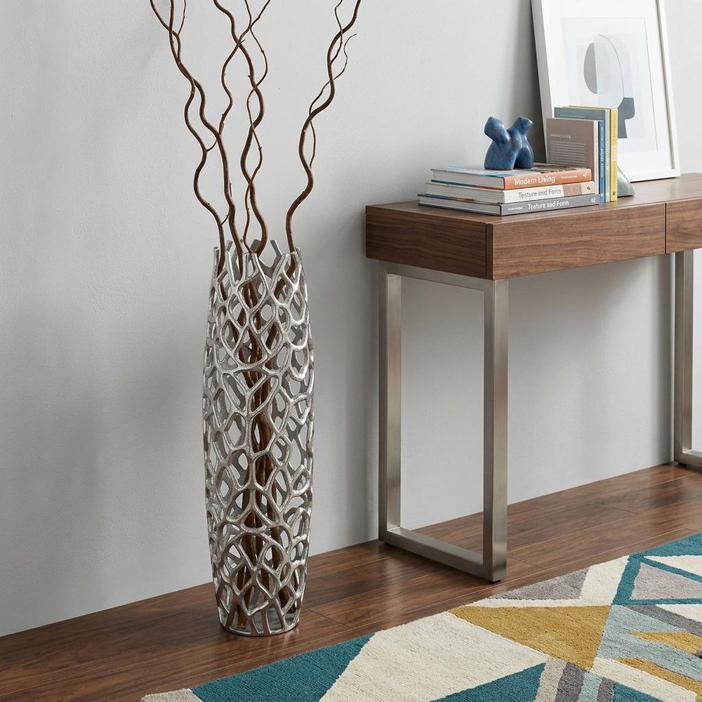 32" Aluminum Silver Twigs Cylinder Floor Vase