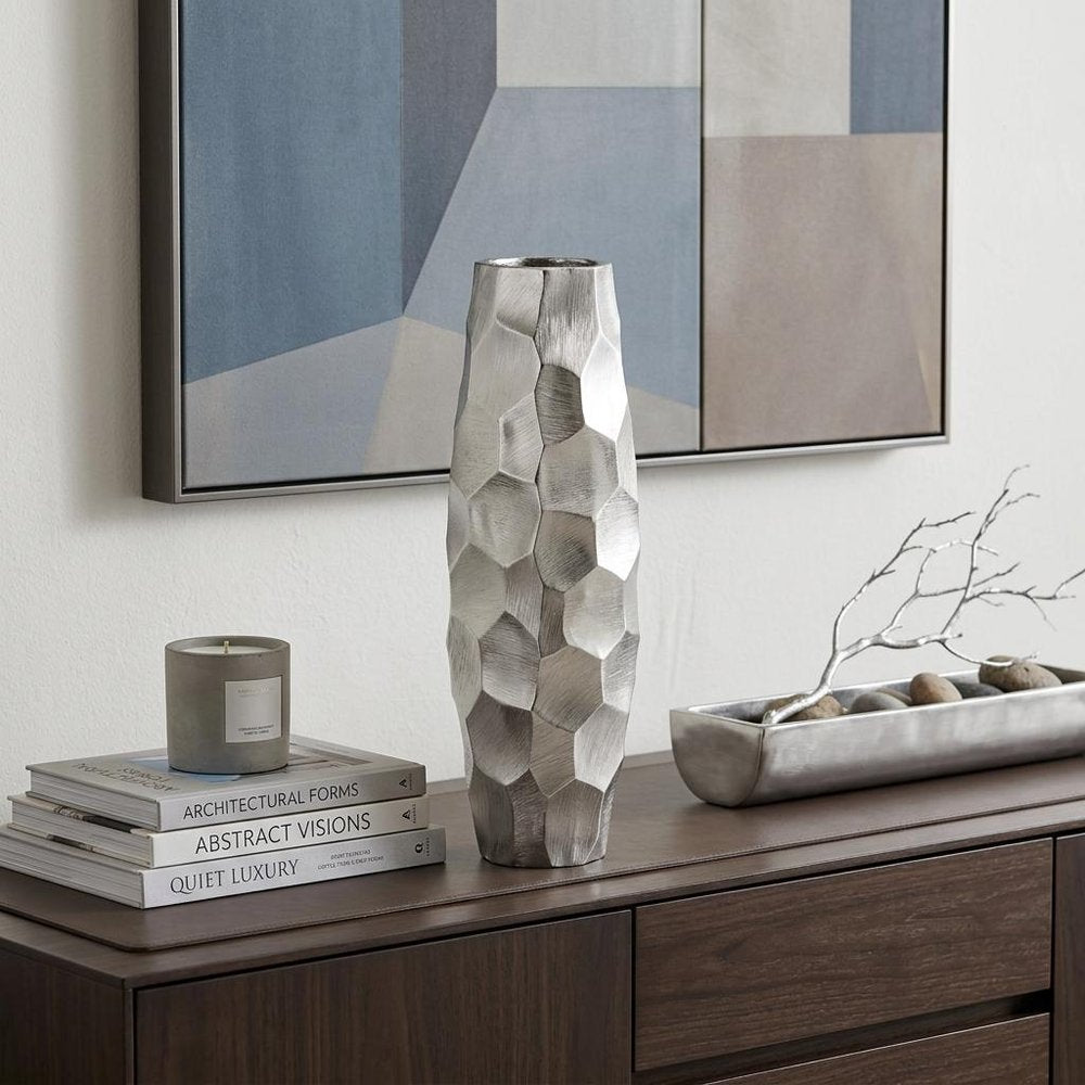 14" Aluminum Silver Faceted Geometric Cylinder Table Vase