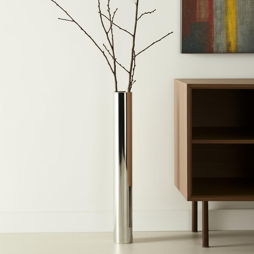 56" Silver Aluminum Cylinder Table Vase