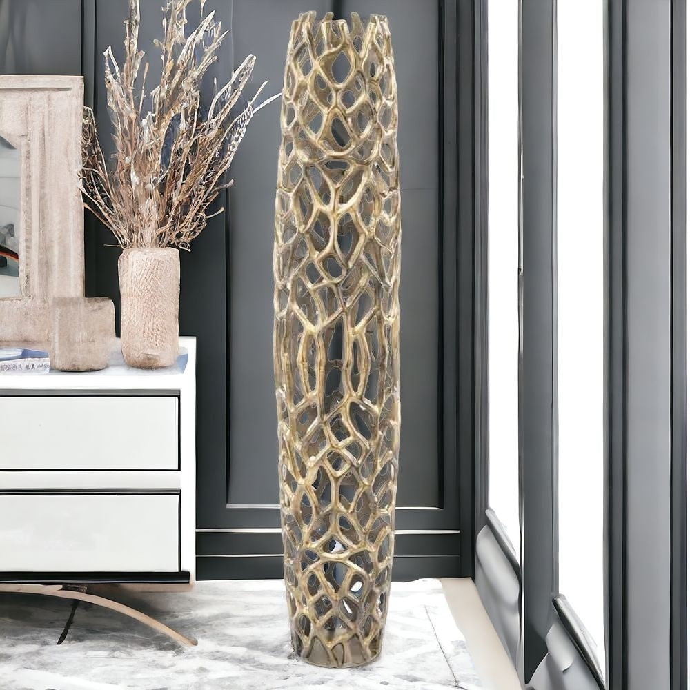 47" Aluminum Gold Twigs Cylinder Floor Vase