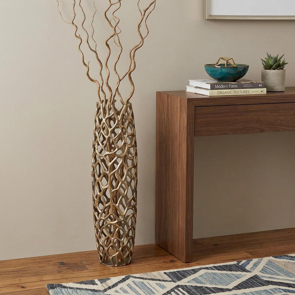 32" Aluminum Silver Twigs Cylinder Floor Vase