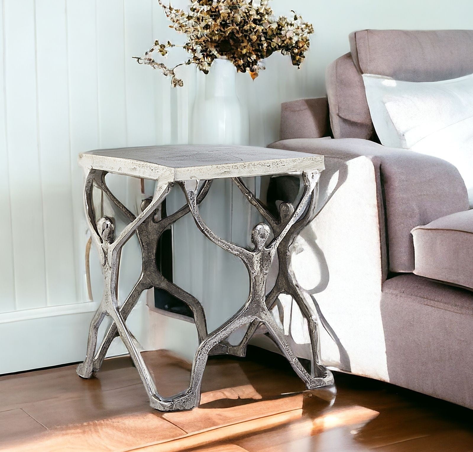 18" Silver And Antiqued White Aluminum Square End Table