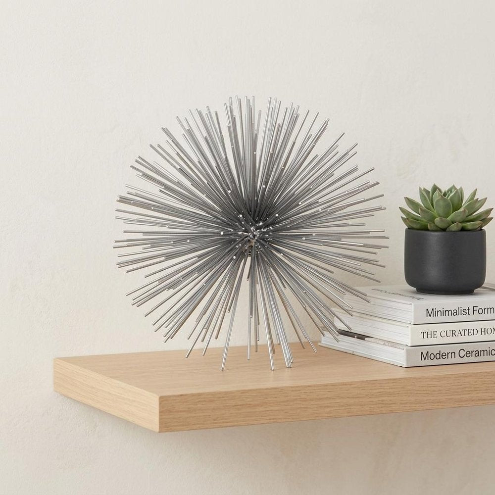 10" Silver Metal Spiky Sphere Tabletop Sculpture