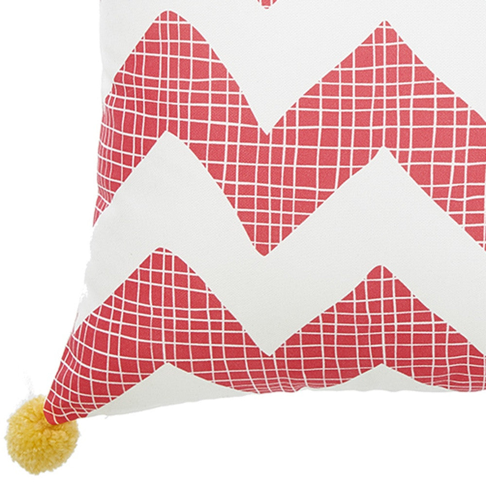 18" Pink and White Chevron Throw Pillow Cover With Pompoms