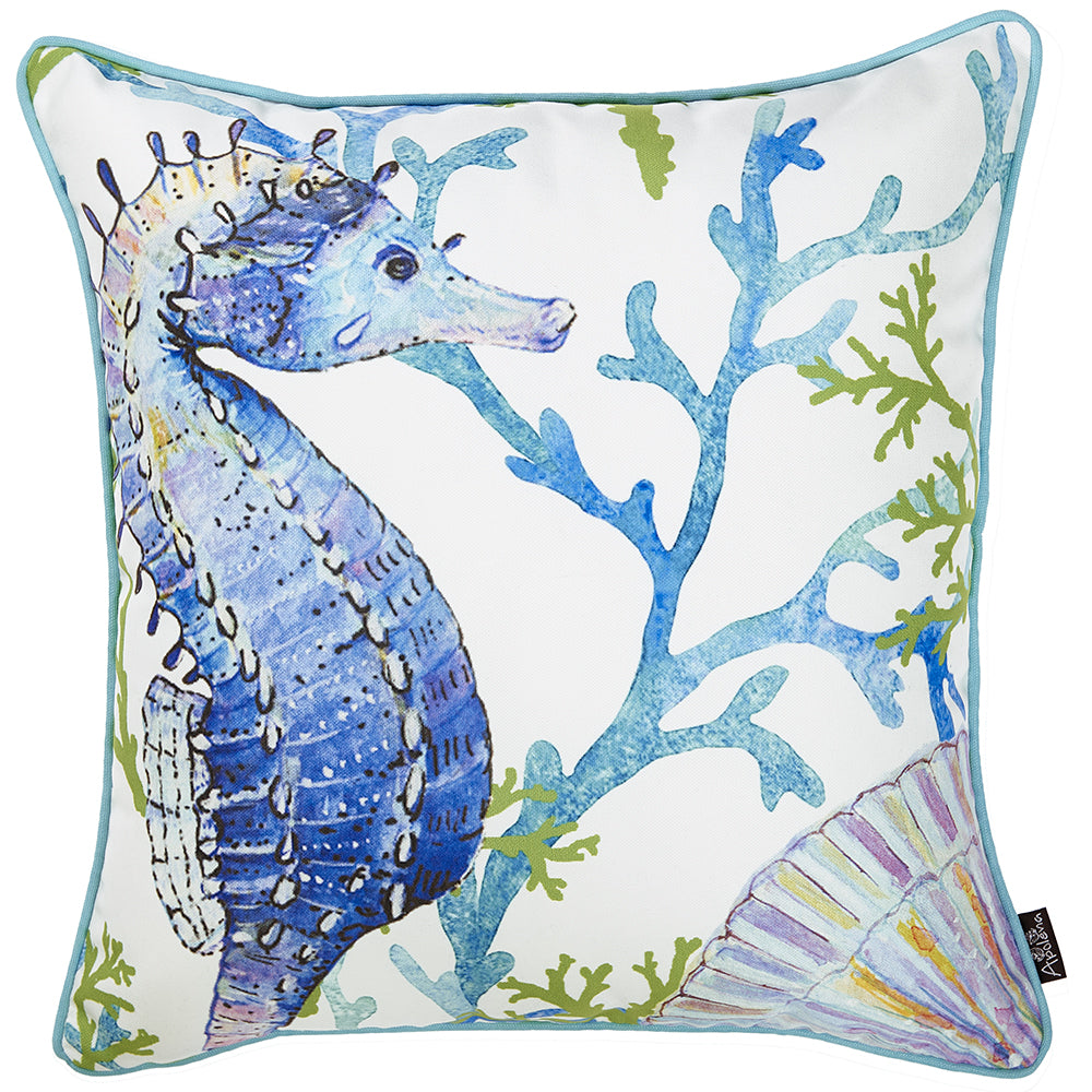 18" White Blue And Green Seahorse Decorative Throw Pillow Cover