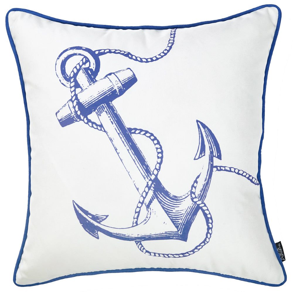 18" Blue And White Nautical Anchor Decorative Throw Pillow Cover