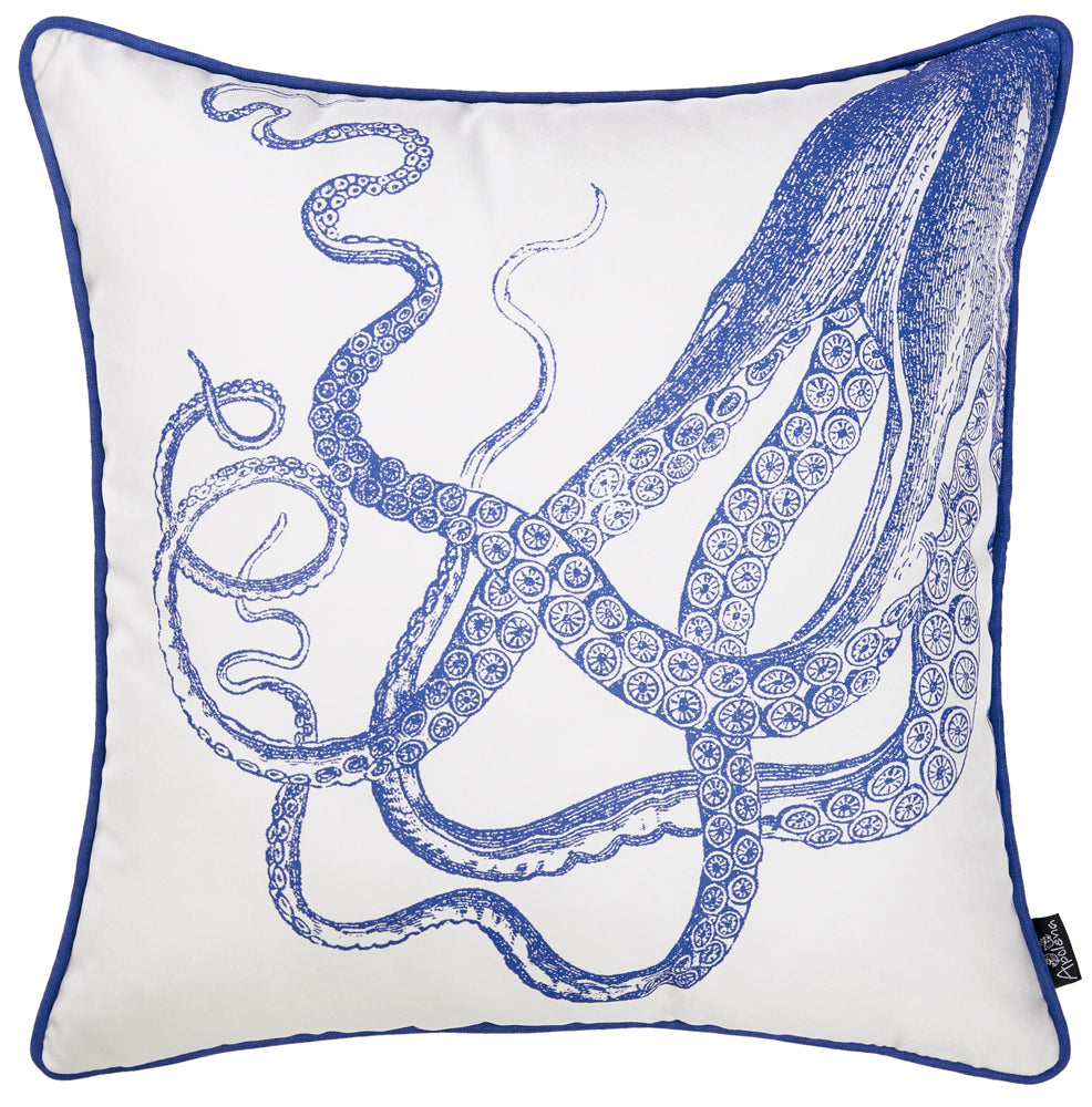 18" White And Blue Octopus Decorative Throw Pillow Cover