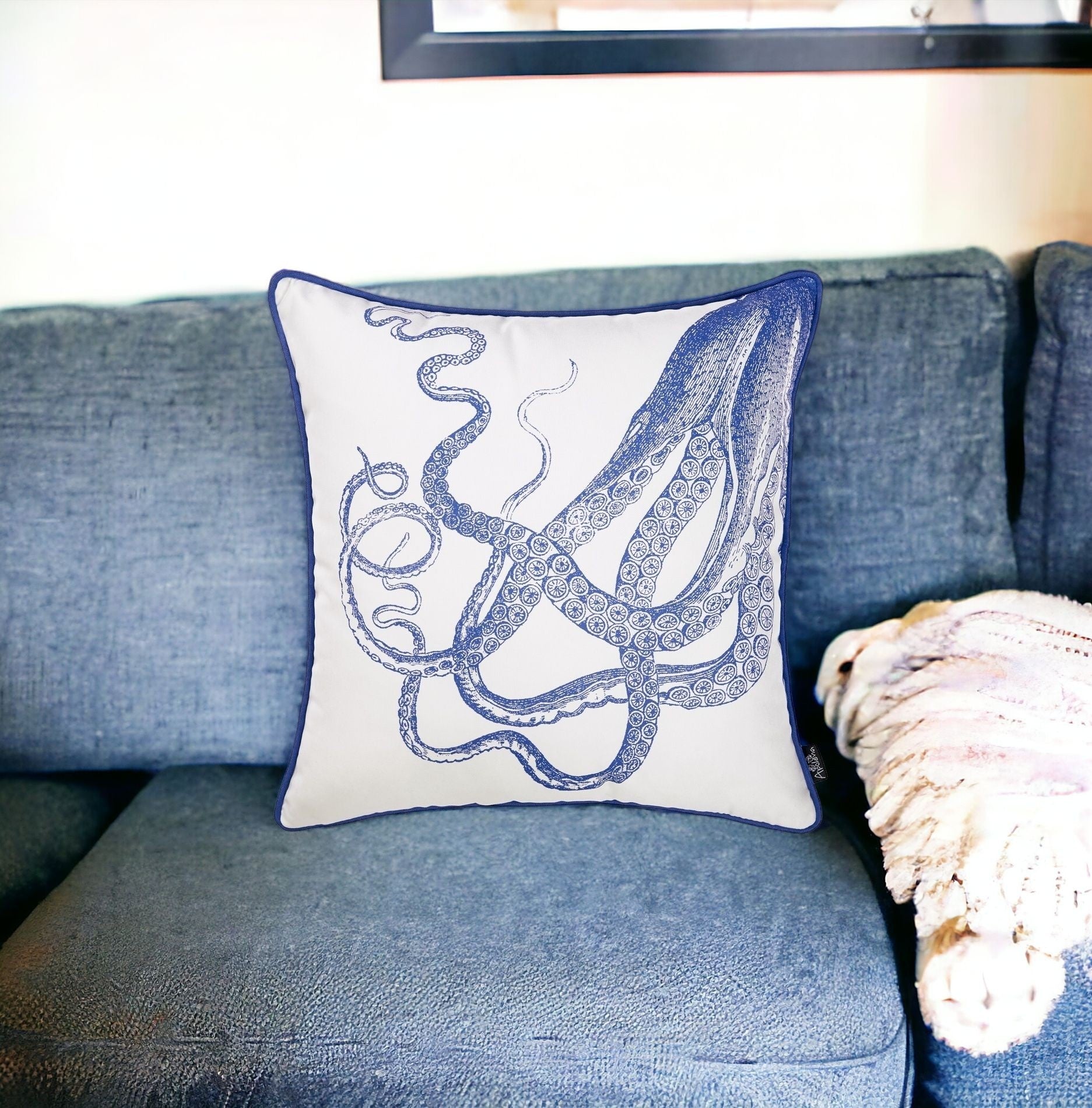 18" White And Blue Octopus Decorative Throw Pillow Cover