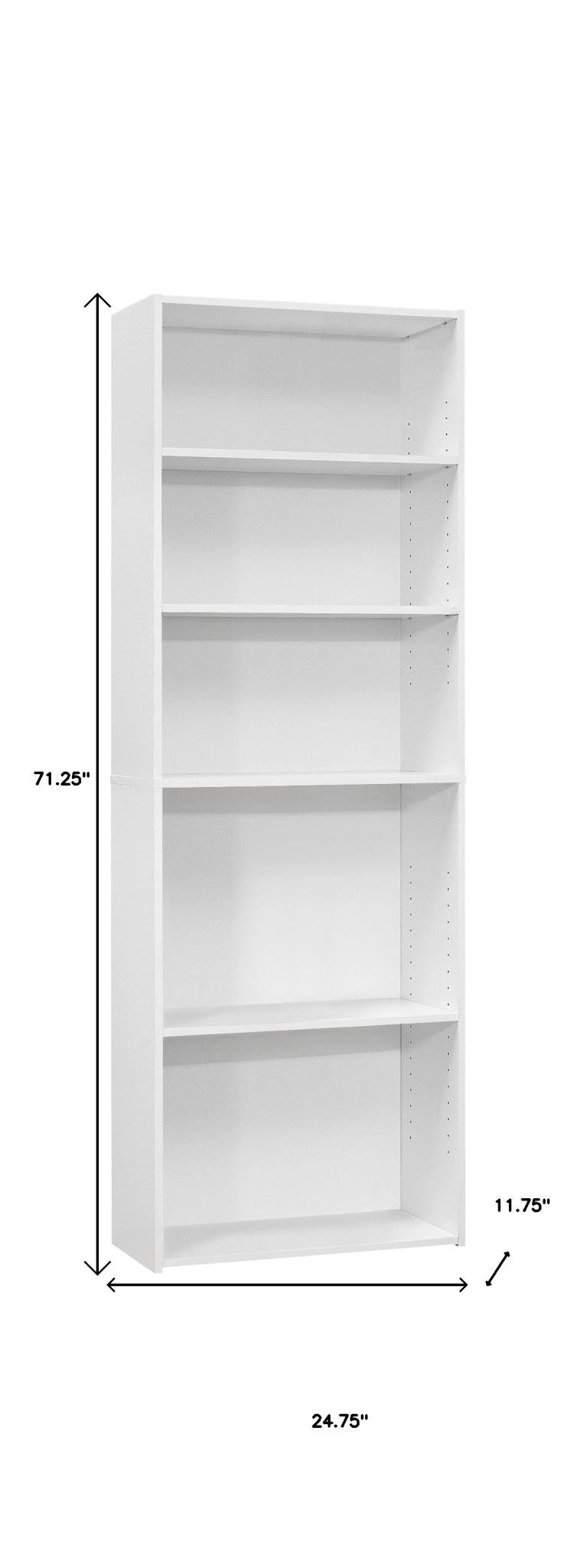 71" White Wood Adjustable Five Tier Bookcase