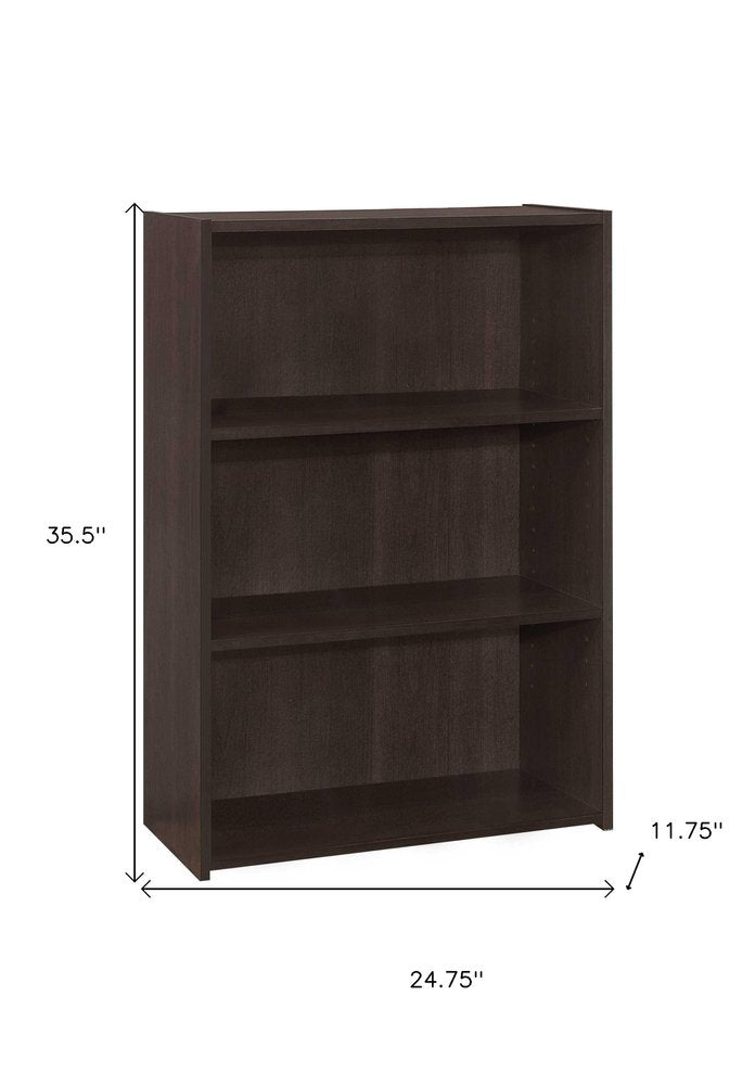 36" Espresso Wood Adjustable Three Tier Bookcase