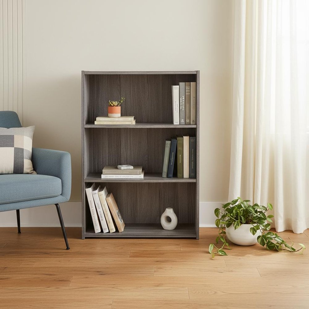 Gray Wood Adjustable Three Tier Bookcase