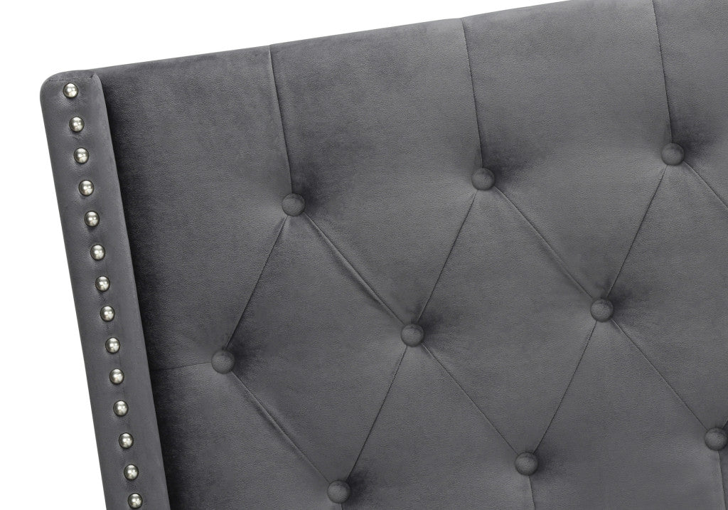 Solid Wood Queen Tufted Gray Upholstered Velvet Bed With Nailhead Trim