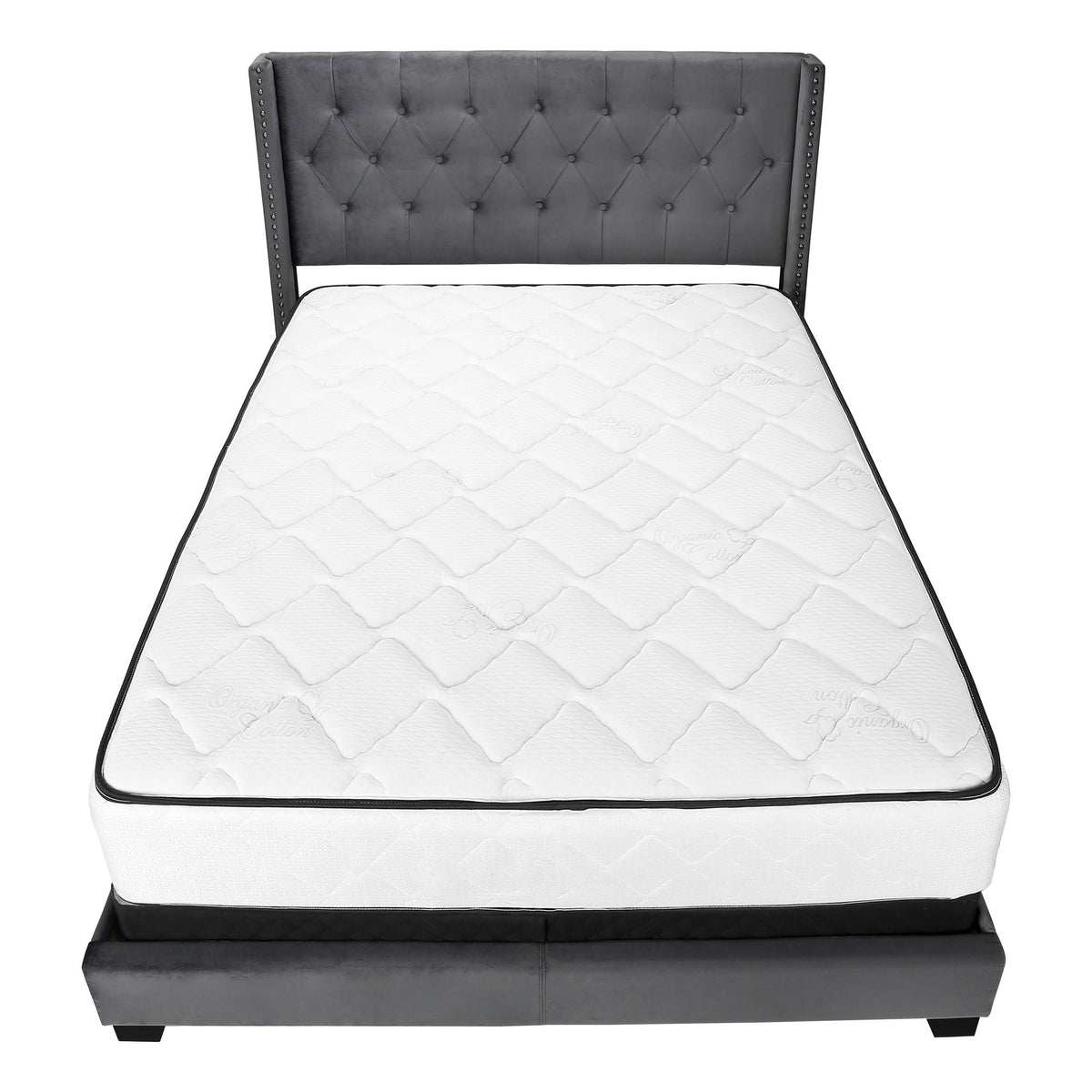 Solid Wood Queen Tufted Gray Upholstered Velvet Bed With Nailhead Trim