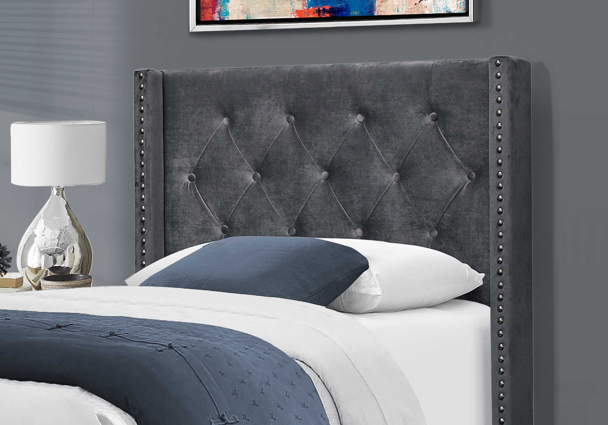 45.25" X 82.75" X 49.75" Dark Grey Velvet With Chrome Trim - Twin Size Bed