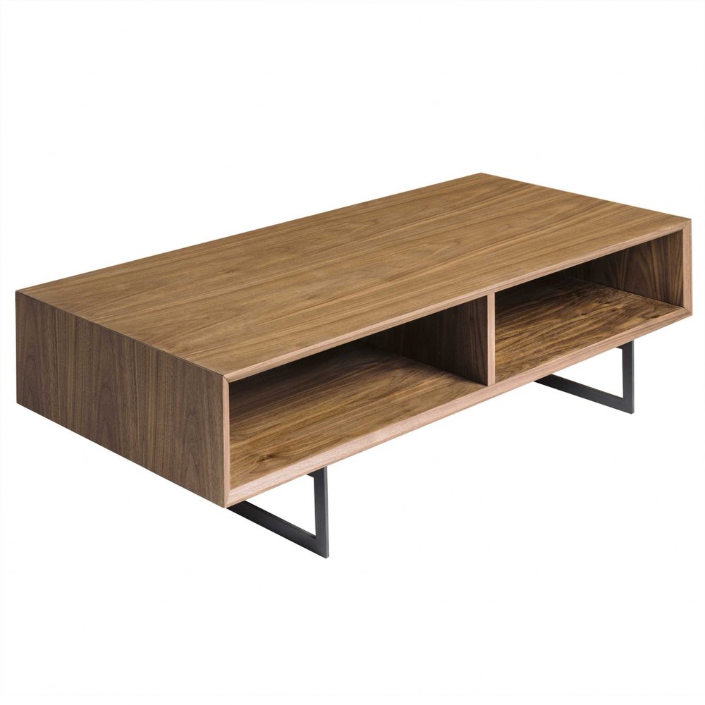 47" Brown and Black Wood And Metal Sled Coffee Table With Two Shelves