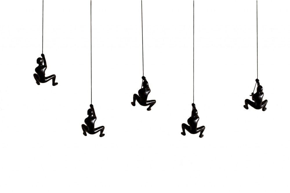 Set of Five Black Resin Climbing Man Hanging Dimensional Sculpture