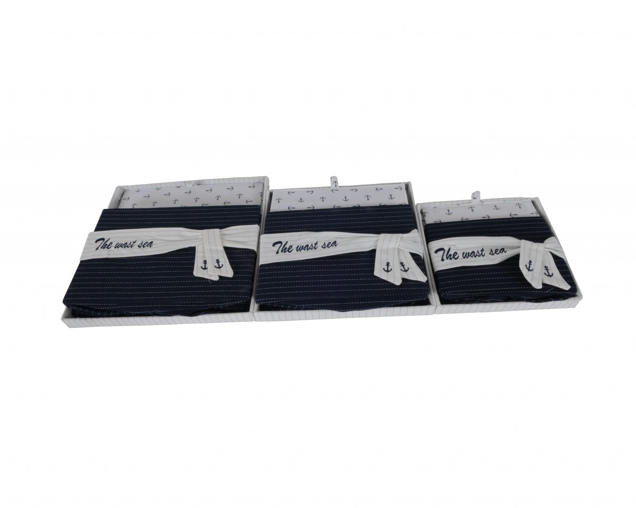 Set of Three Blue And White Fabric Organizing Box With Lid