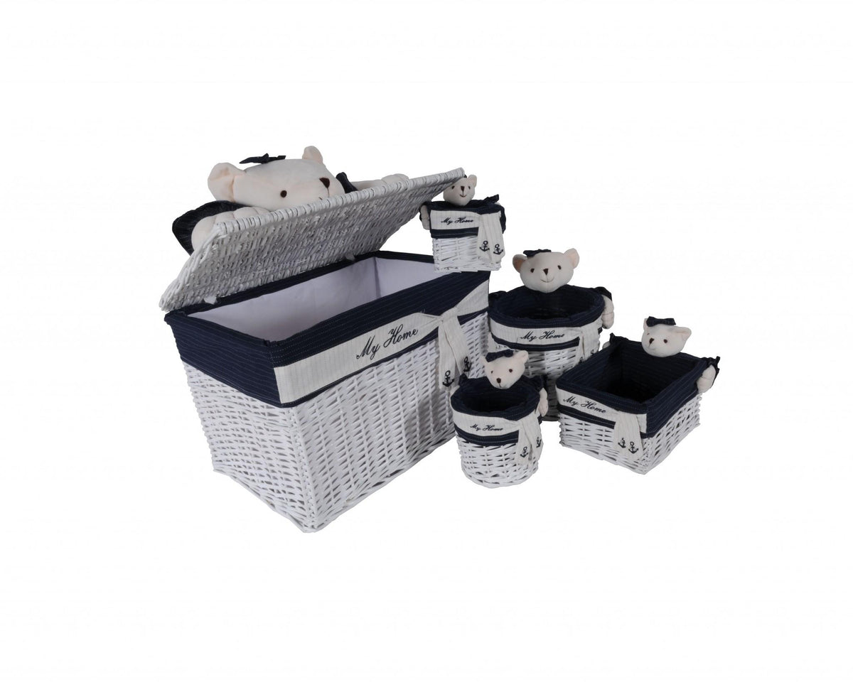 Set of Five Blue And White Rattan Basket