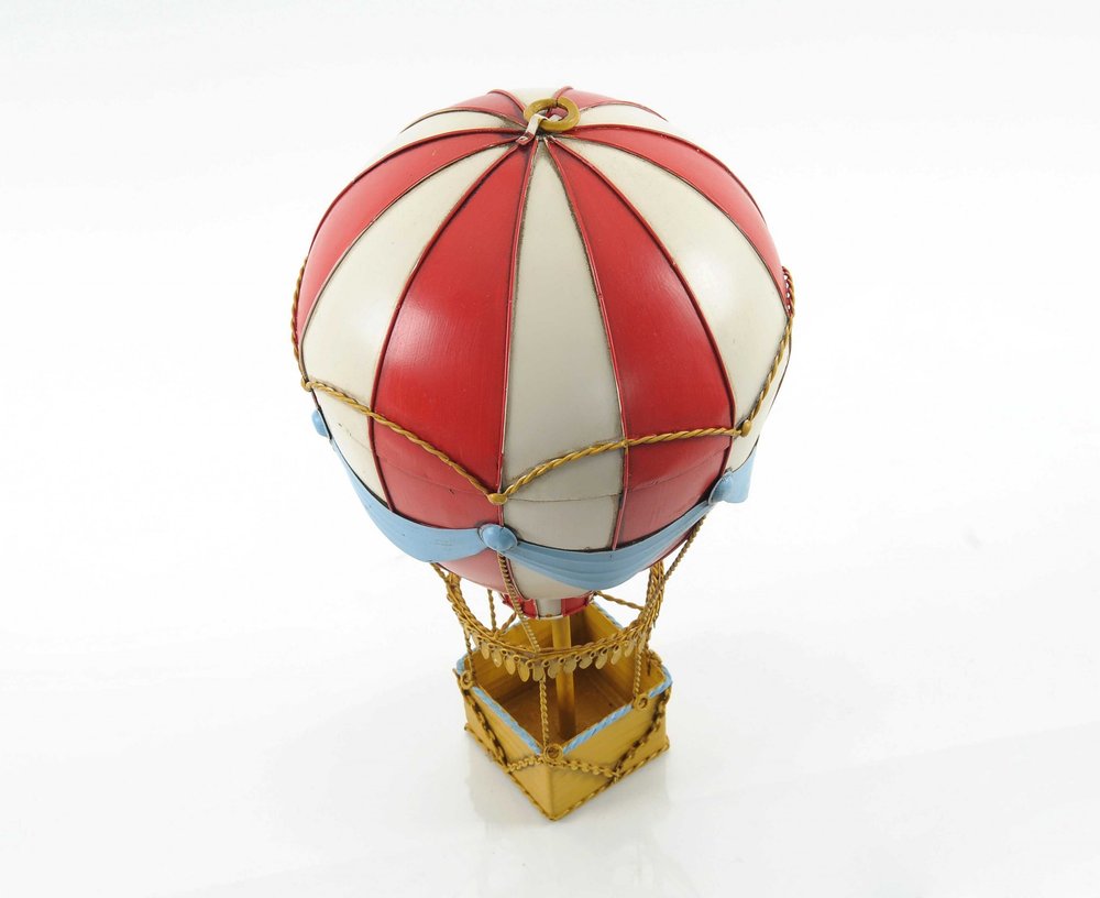 15" Red And White Metal Hand Painted Hot Air Balloon Tabletop Sculpture