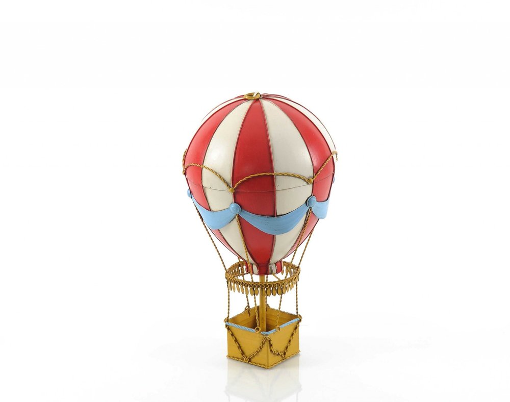 15" Red And White Metal Hand Painted Hot Air Balloon Tabletop Sculpture