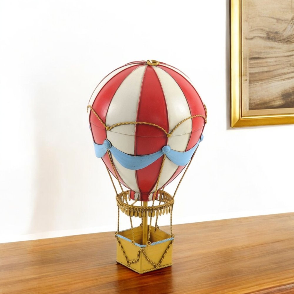 15" Red And White Metal Hand Painted Hot Air Balloon Tabletop Sculpture