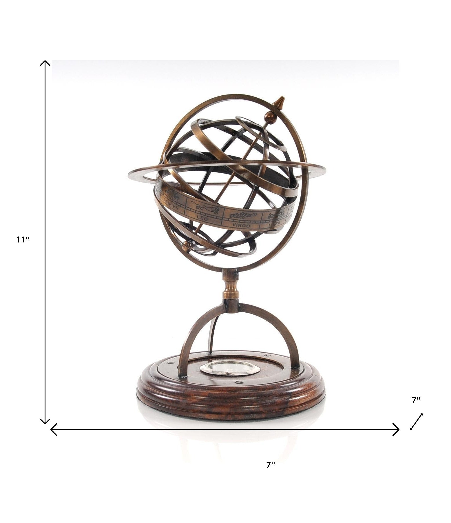 7" X 7" X 11" Brass Armillary With Compass On Wood Base