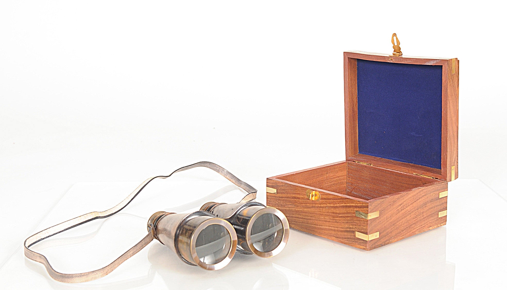 Rustic Brass And Leather Binoculars In Wood Storage Box