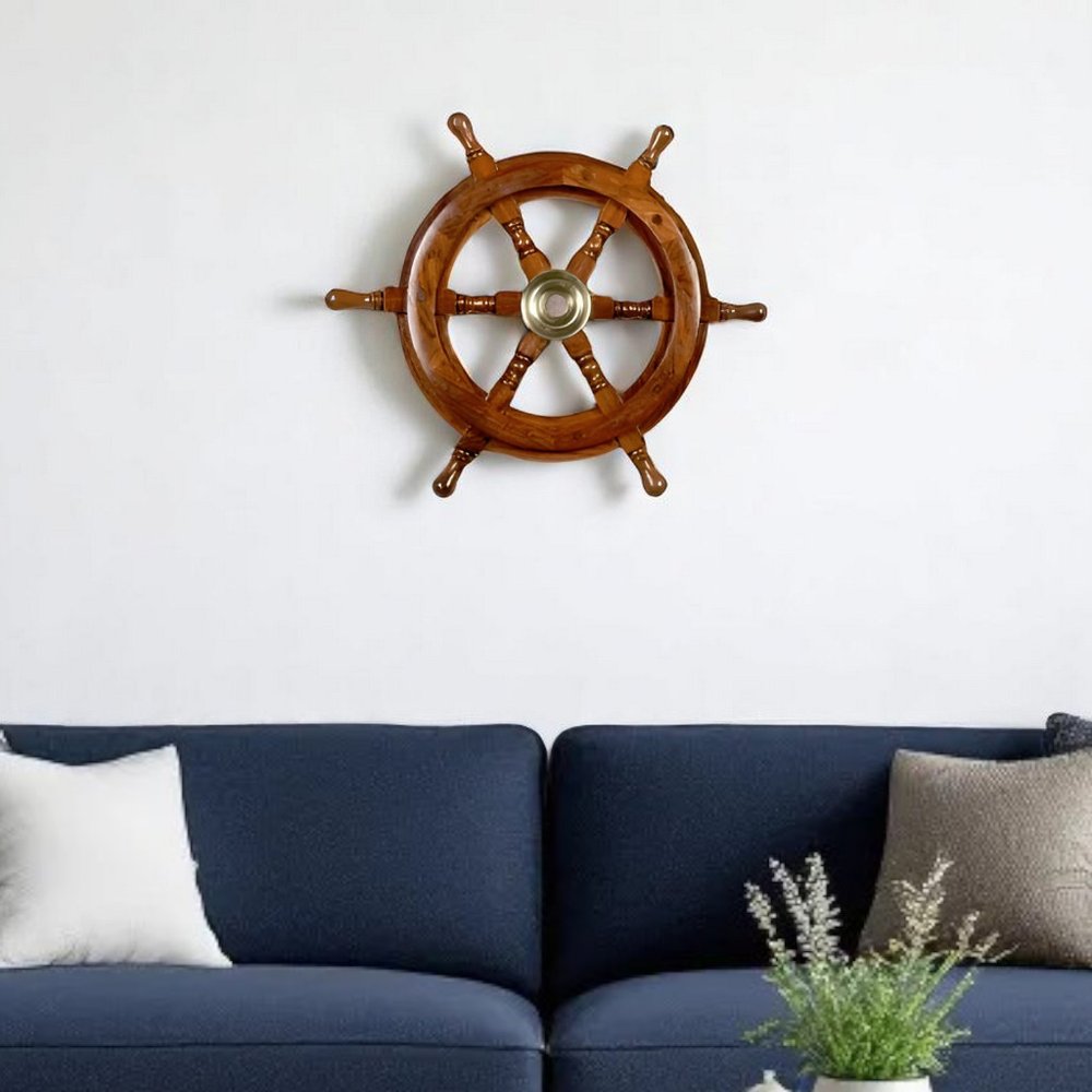 24" Brown Solid Wood And Brass Ships Wheel Hanging Dimensional Sculpture