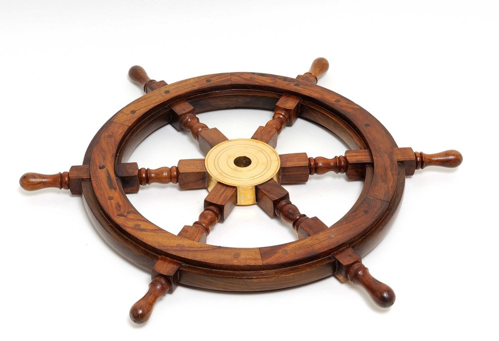36" Brown Solid Wood And Brass Ships Wheel Hanging Dimensional Sculpture