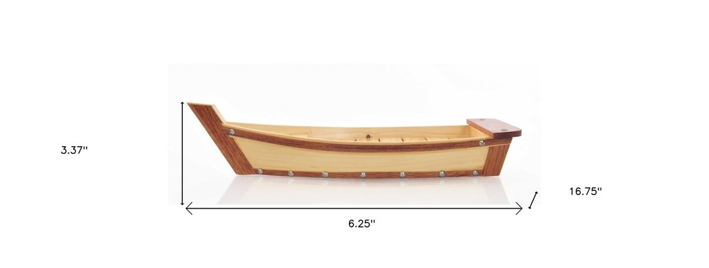17" Natural and Brown Wood Sushi Boat Serving Tray