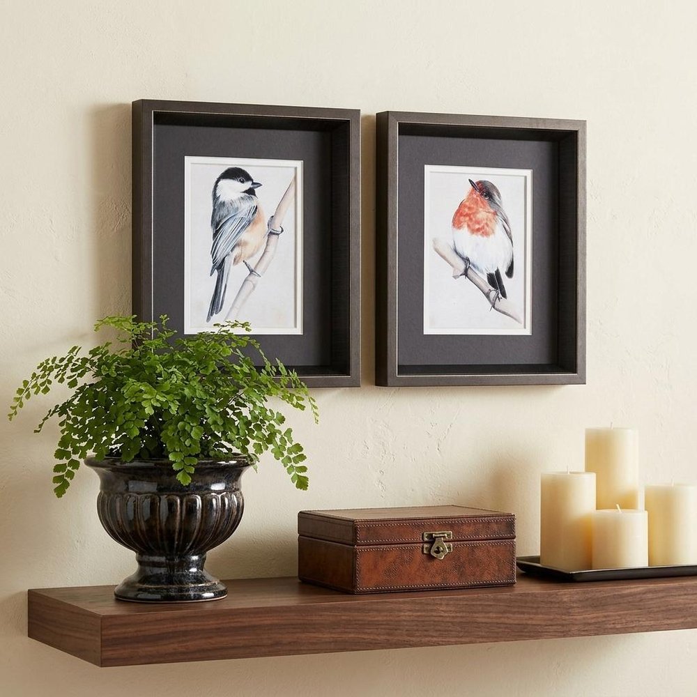 10" X 12" Brushed Silver Frame Bird On Branch (Set Of 2)