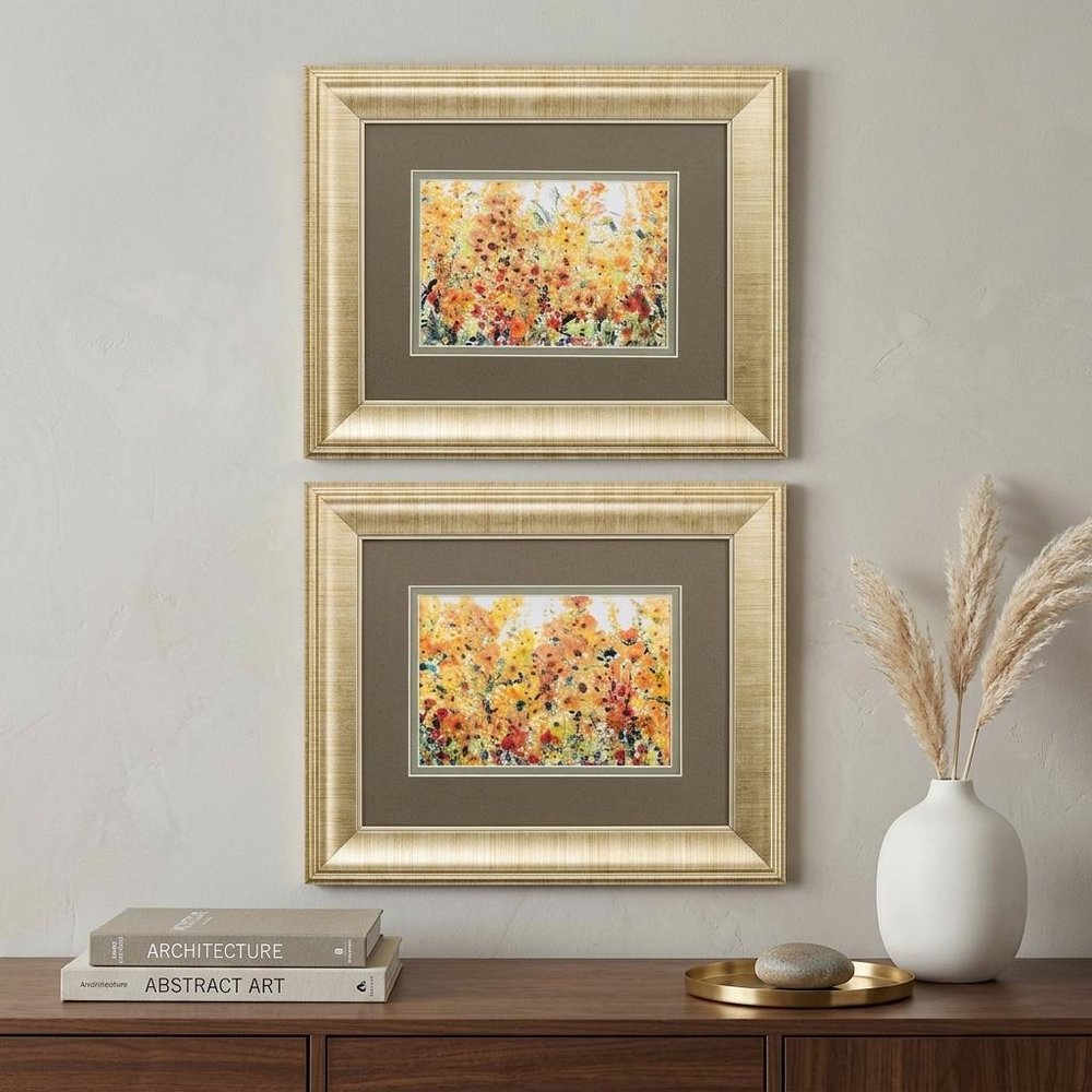 Set Of Two Pretty Summer Flowers Gold Framed Wall Art