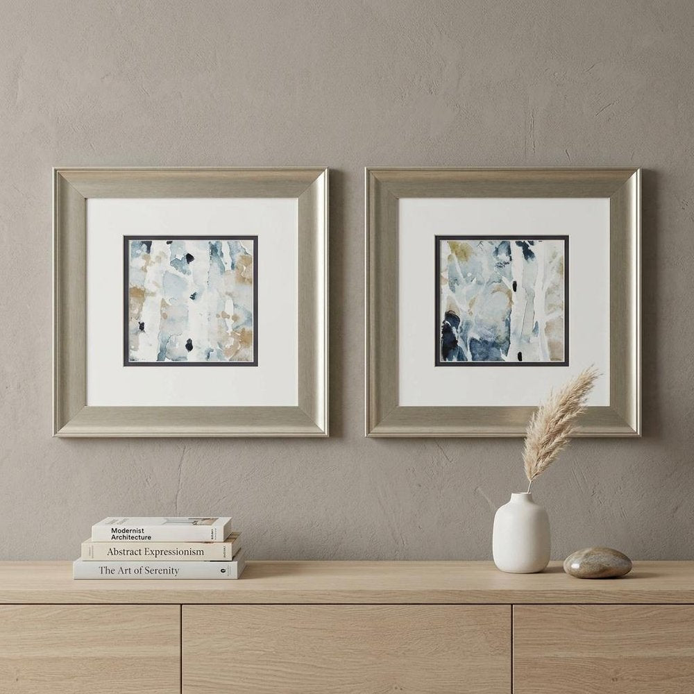 Set of Two Blue Watercolor Brushed Silver Framed Wall Art