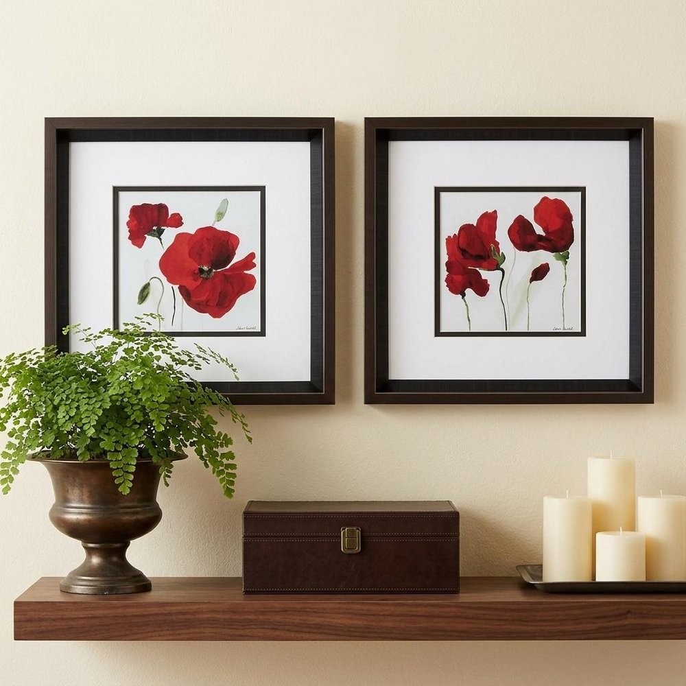 12" X 12" Brushed Silver Frame Red Poppy (Set Of 2)