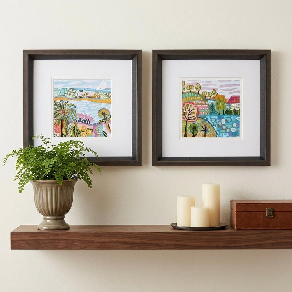 12" X 12" Brushed Silver Frame Palm Tree Set Of 2