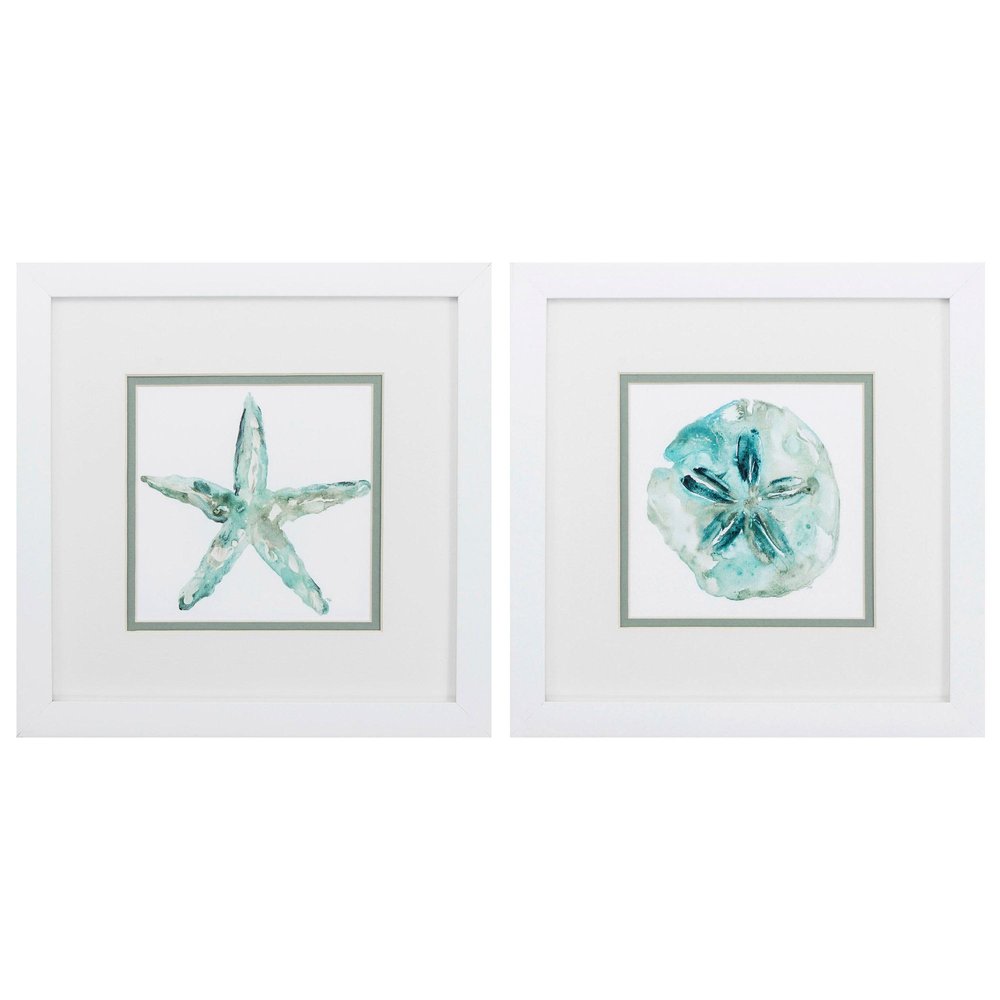 Set of Two Aqua Coastal White Square Framed Art