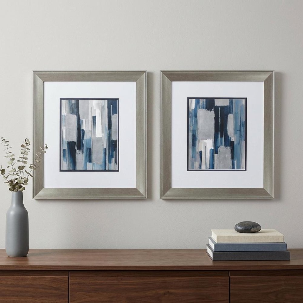 Set of Two Modern Blue Abstract Silver Framed Art