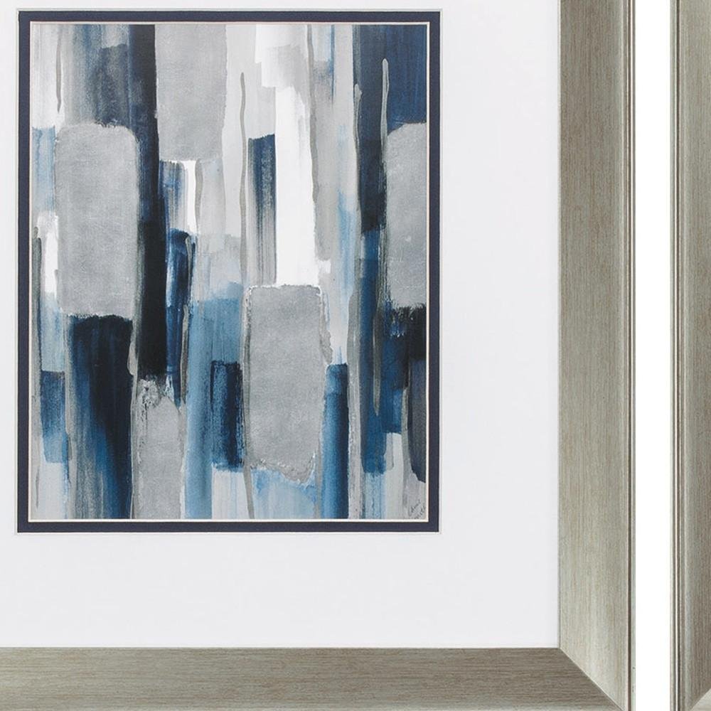 Set of Two Modern Blue Abstract Silver Framed Art