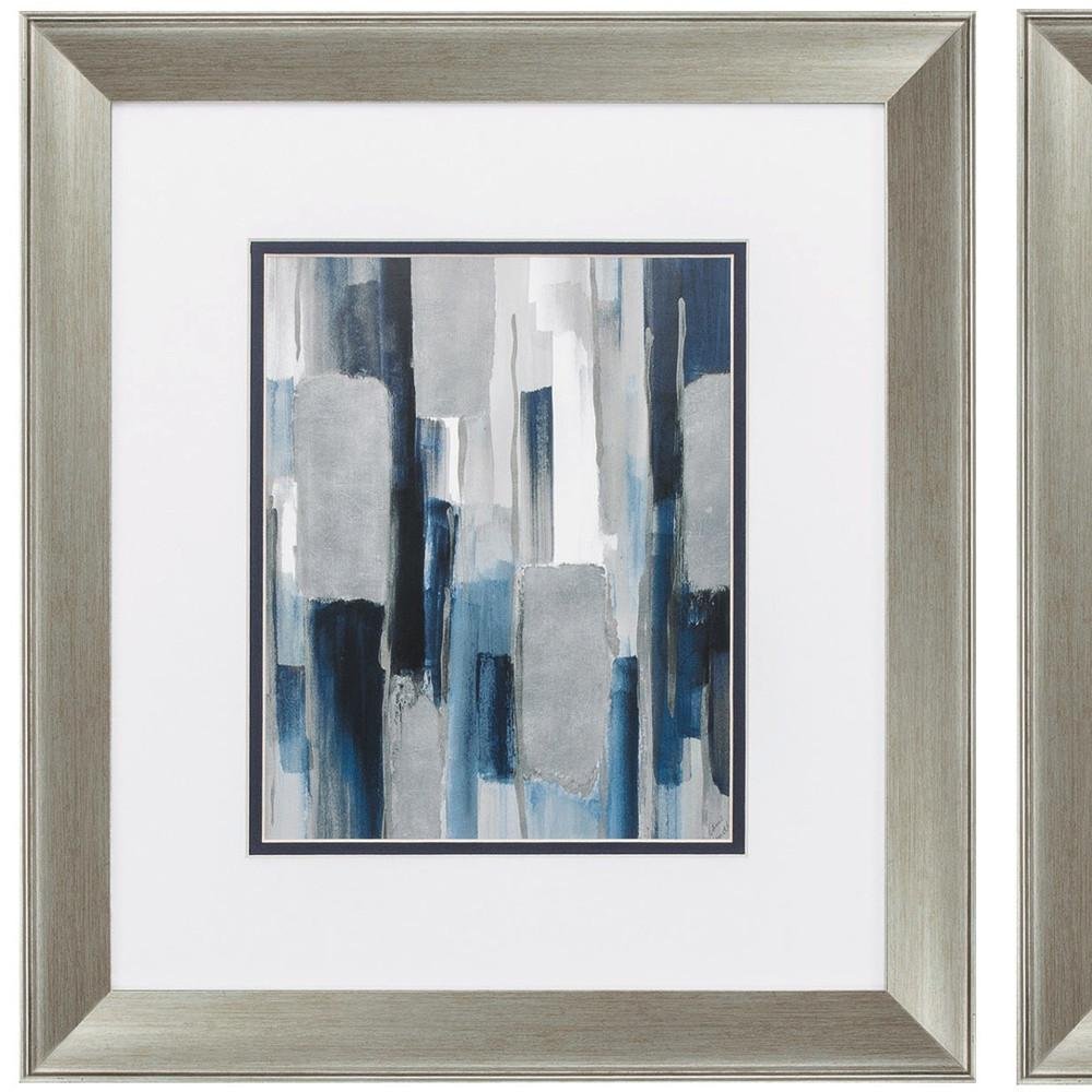 Set of Two Modern Blue Abstract Silver Framed Art