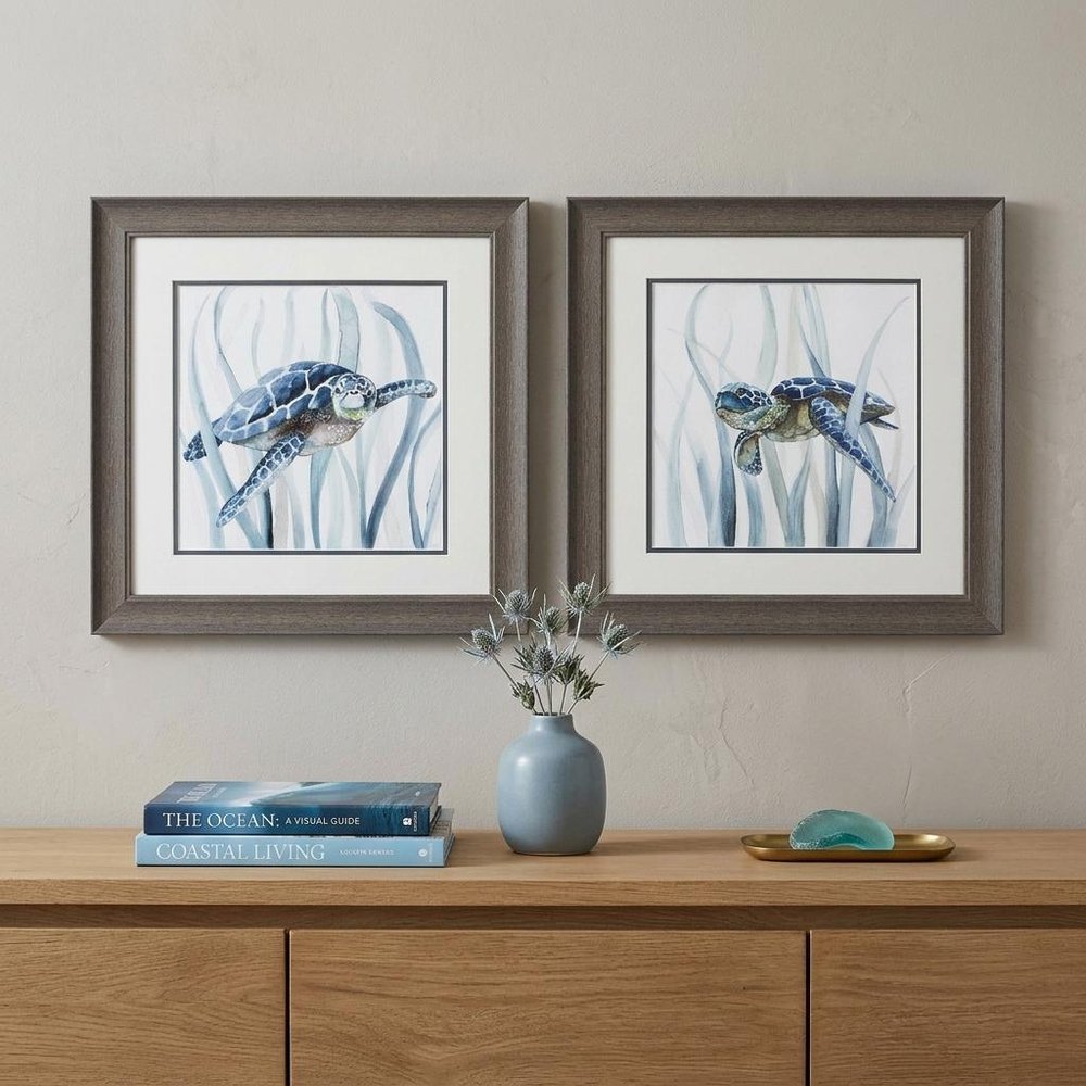 19" X 19" Distressed Wood Toned Frame Turtle In Grass (Set Of 2)