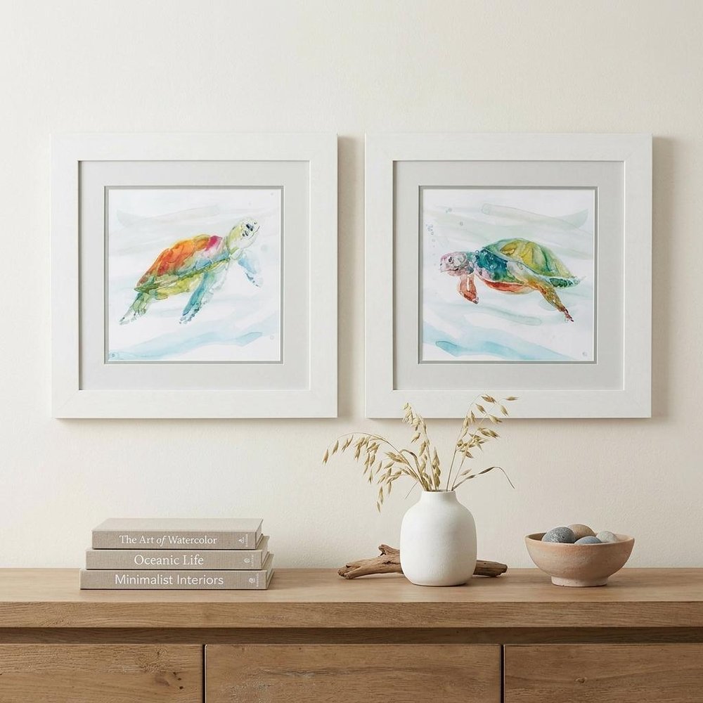 19" X 19" White Frame Turtle Tropics (Set Of 2)