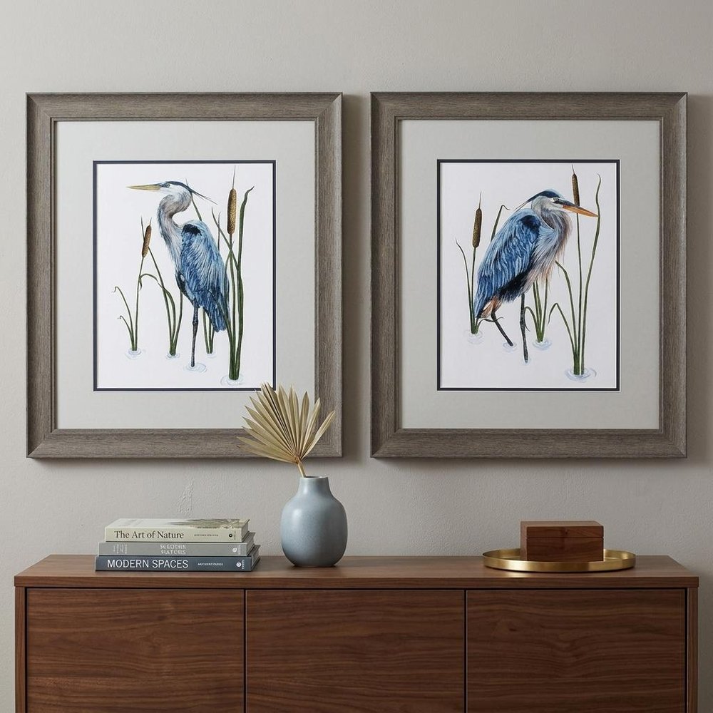 Set of Two 22" X 19" Blue Heron Distressed Brown Framed Wall Decor