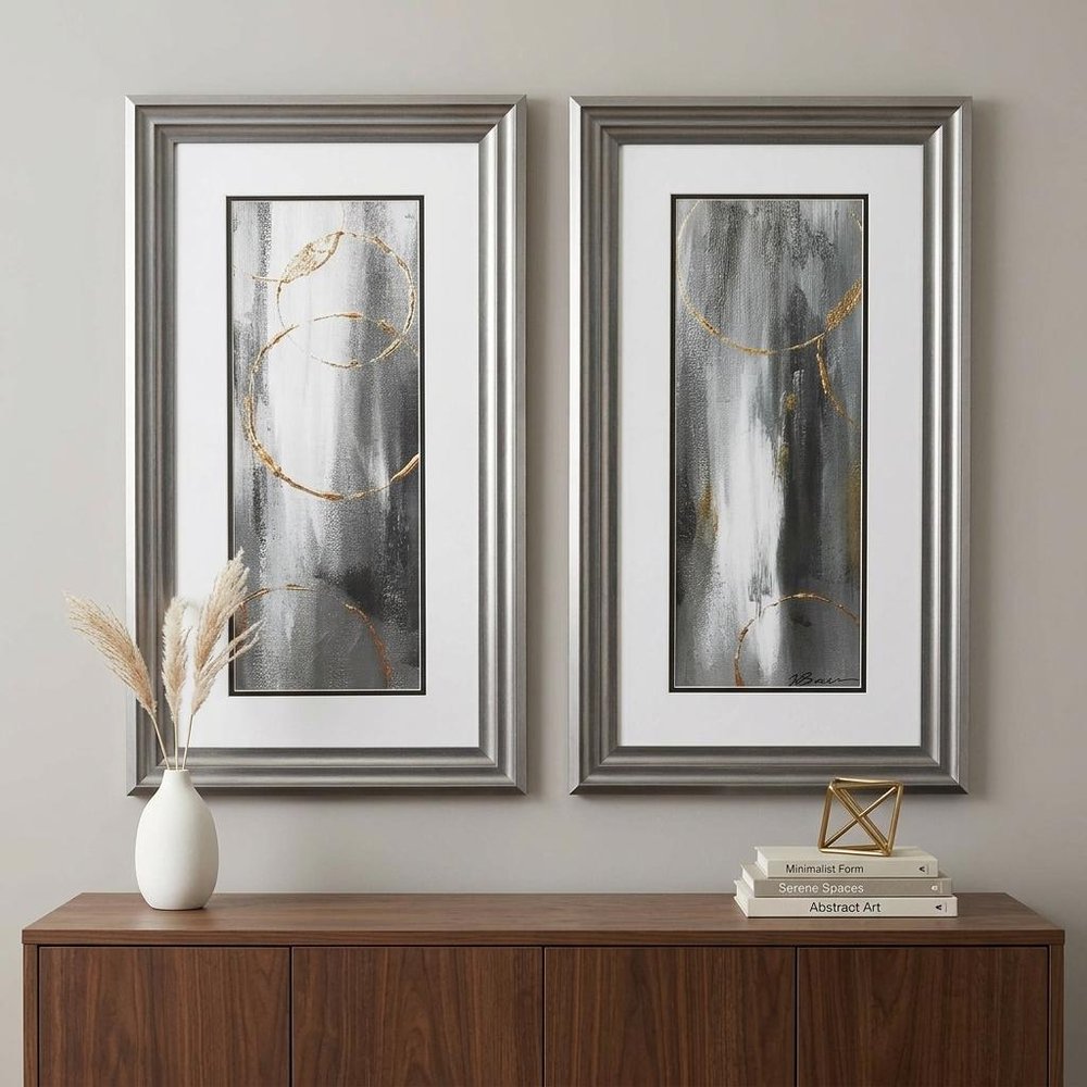 Set of Two Modern Abstract Gunmetal Framed Art